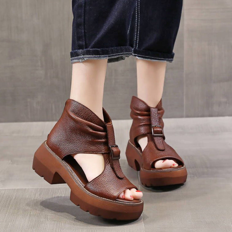 Summer Roman Style Peep Toe Chunky Heel Platform High-top Height Increasing Sandals