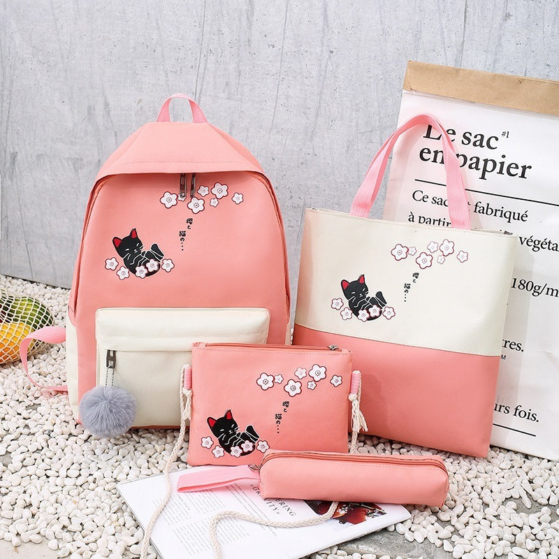 Fashionable Simple Cute Cat Schoolbag Four-piece Set