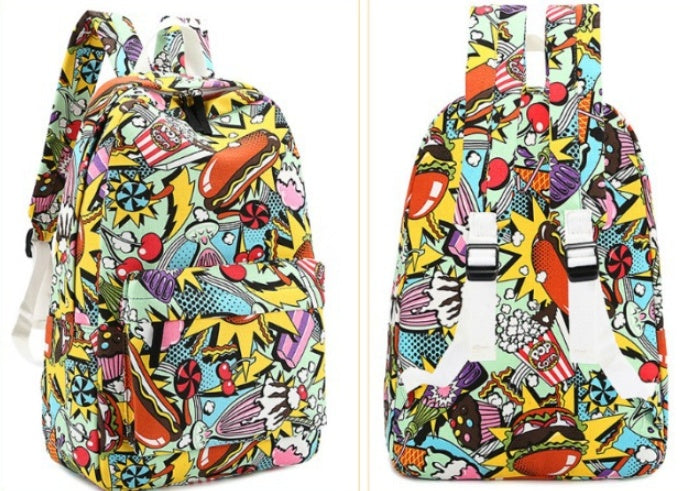 Canvas bag Korean version of the tide Harajuku style graffiti backpack female junior high school student bag male travel backpack computer bag