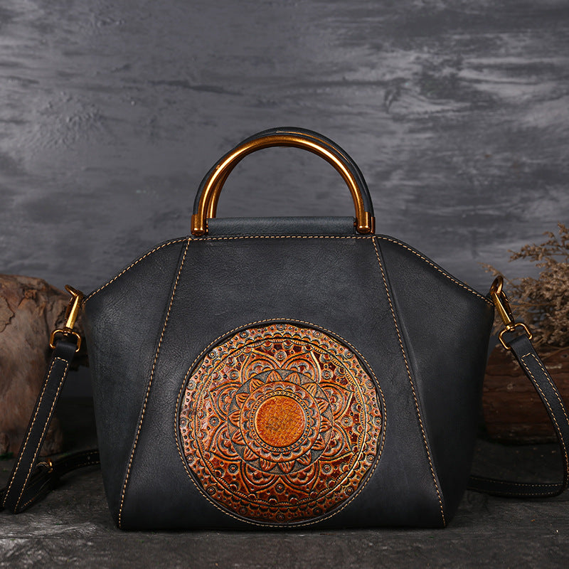 Handbag Female Totem Pressure Flower Leather Women'S Bag Head Layer Cowhide