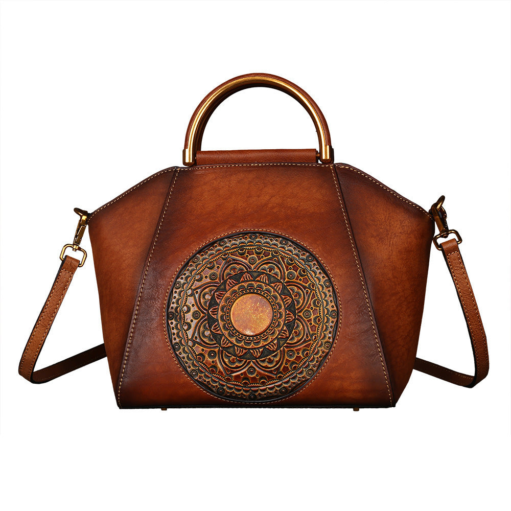 Handbag Female Totem Pressure Flower Leather Women'S Bag Head Layer Cowhide