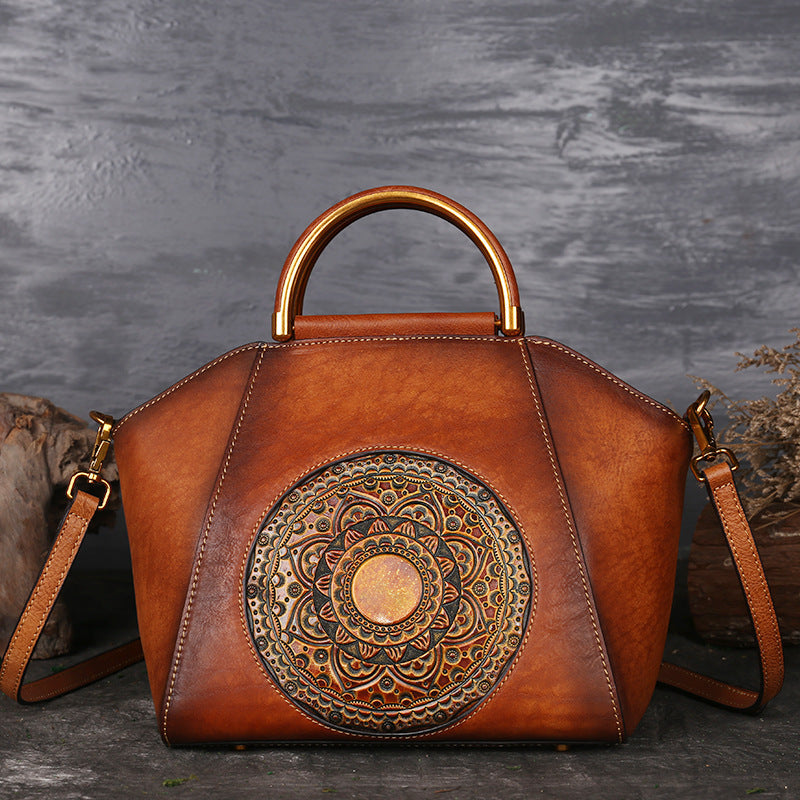 Handbag Female Totem Pressure Flower Leather Women'S Bag Head Layer Cowhide