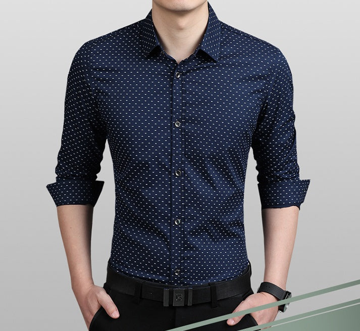 Brand Fashion Male Shirt Long-Sleeves Tops Polka Dot Printing Mens Dress Shirts Slim Men Shirt Plus Size M-5XL FGT