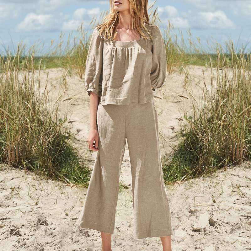 Women's Solid Color Retro Cotton And Linen Casual Long Sleeve Blouse And Pants