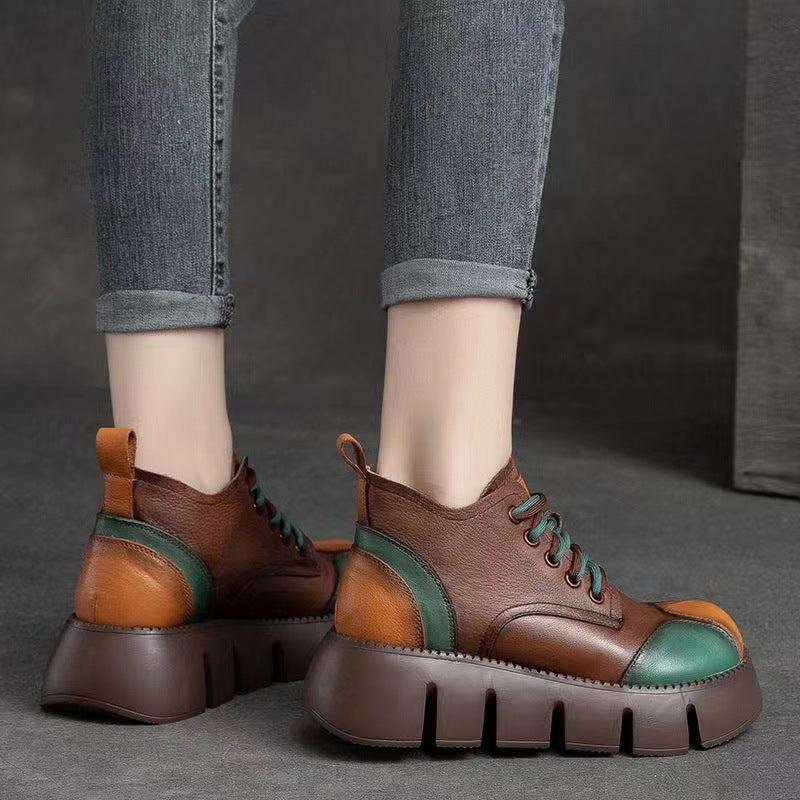 Women's Fashion Colorblock Leather Double Ribbon Platform Martin Boots