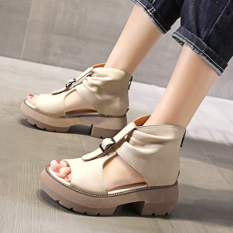 Summer Roman Style Peep Toe Chunky Heel Platform High-top Height Increasing Sandals