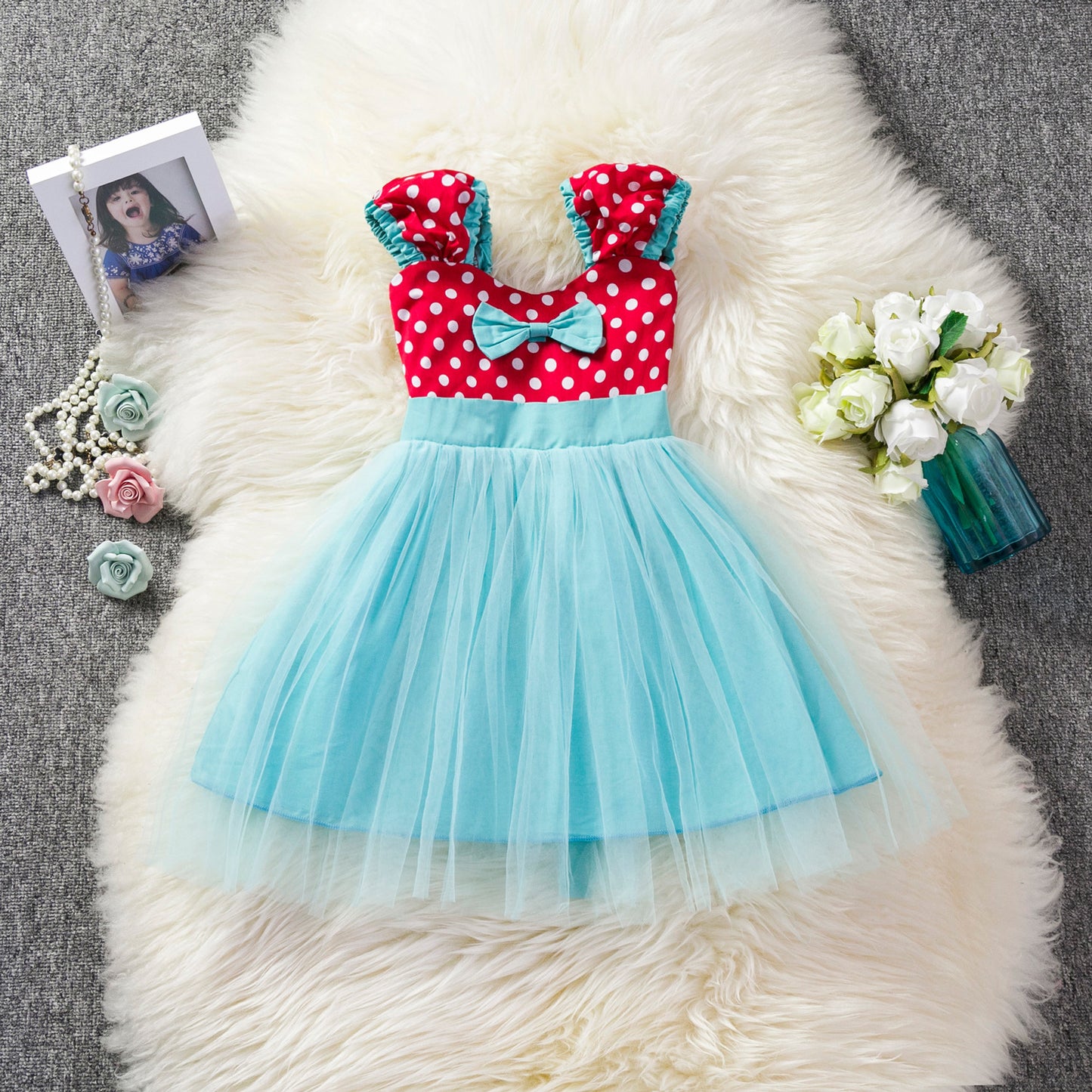 Girls Bow Striped Polka Dot Dress