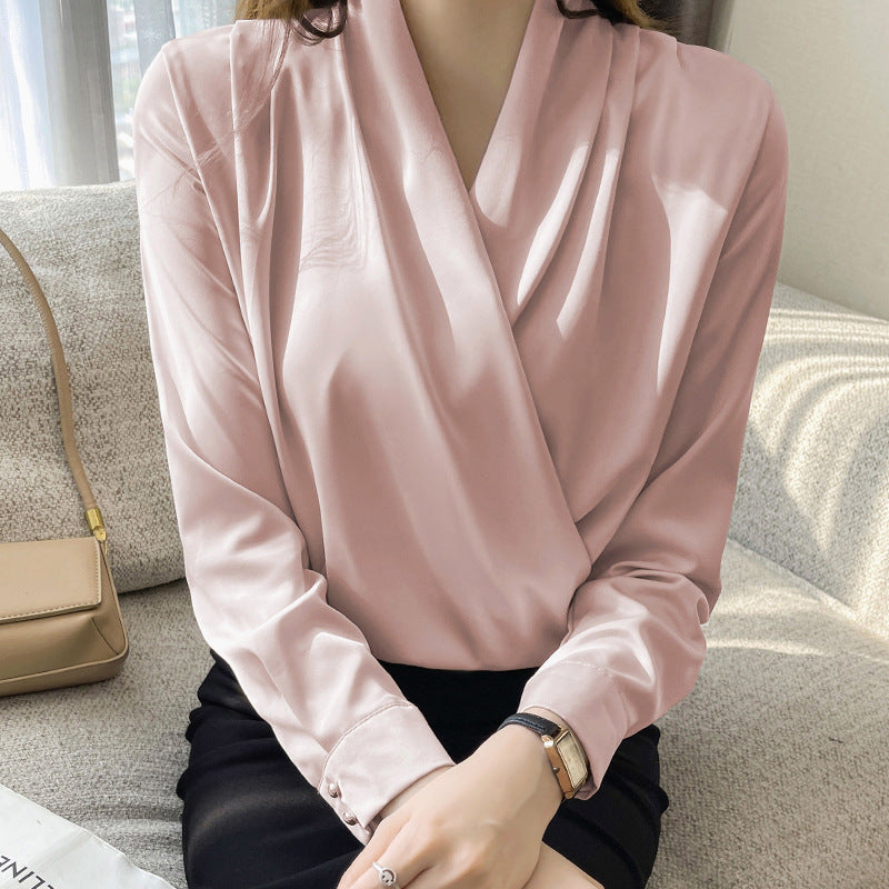 Business Shirt Niche Cross V-neck Long Sleeve All-match Satin Top