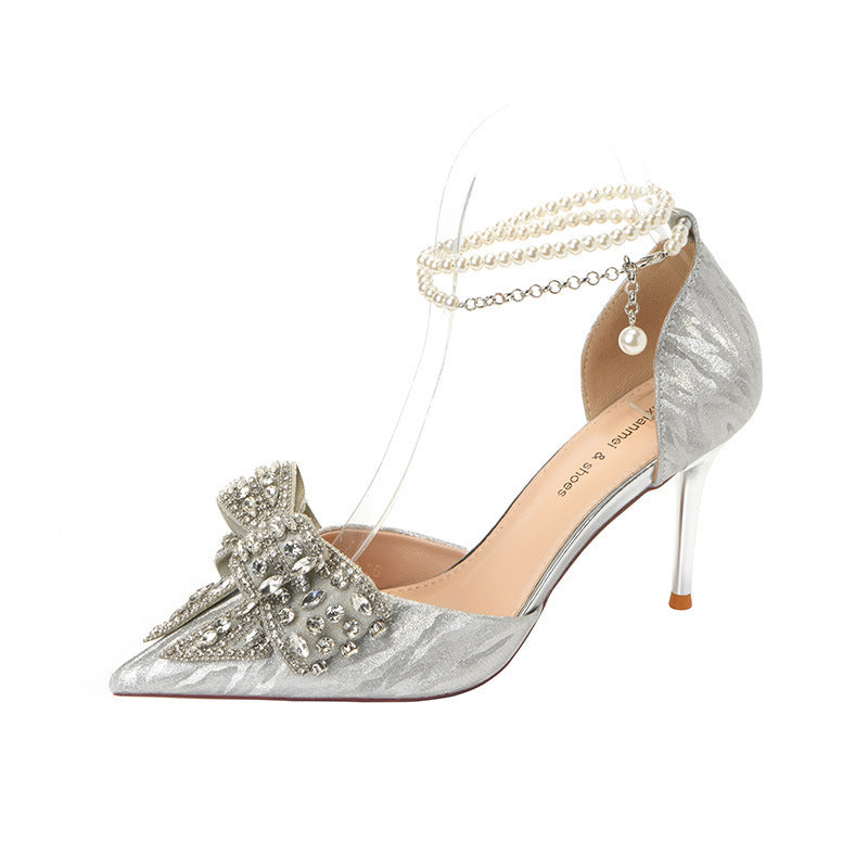 Rhinestone Bow Pointy Hollow Pearl Heels