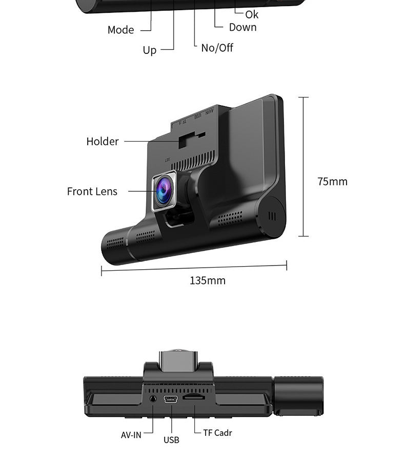 Car 4-inch touch three-record driving recorder 360 HD 1080P night vision