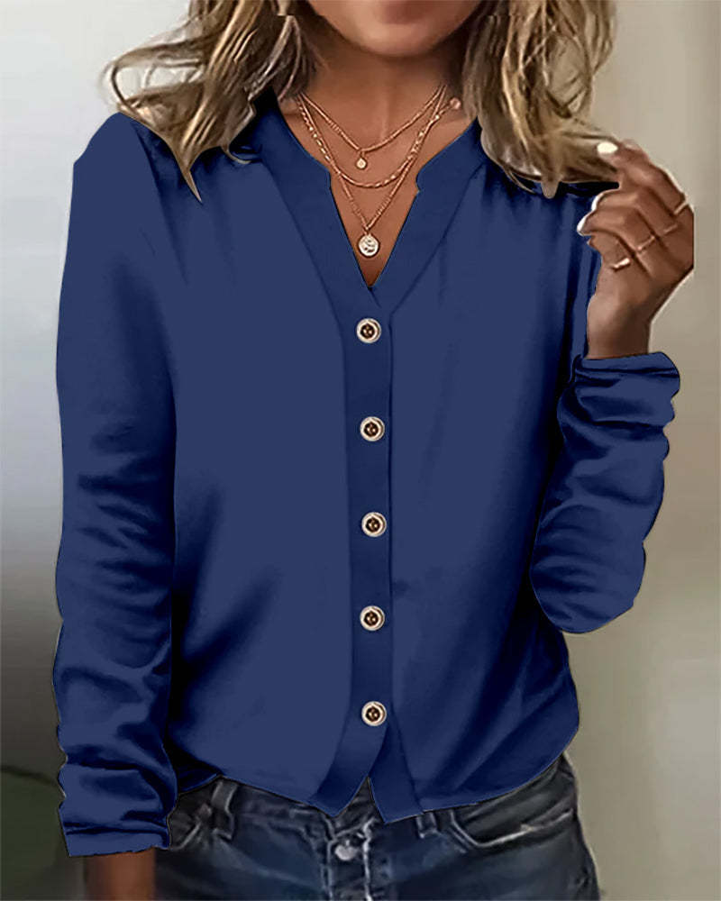 Women's Fashion Casual V-neck Breasted Long Sleeve Top