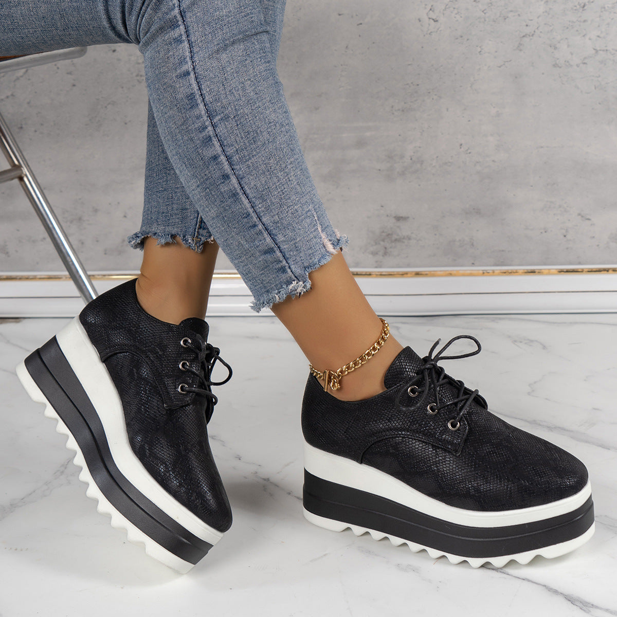 Round Toe Lace-up Platform Thick Bottom Shoes Women