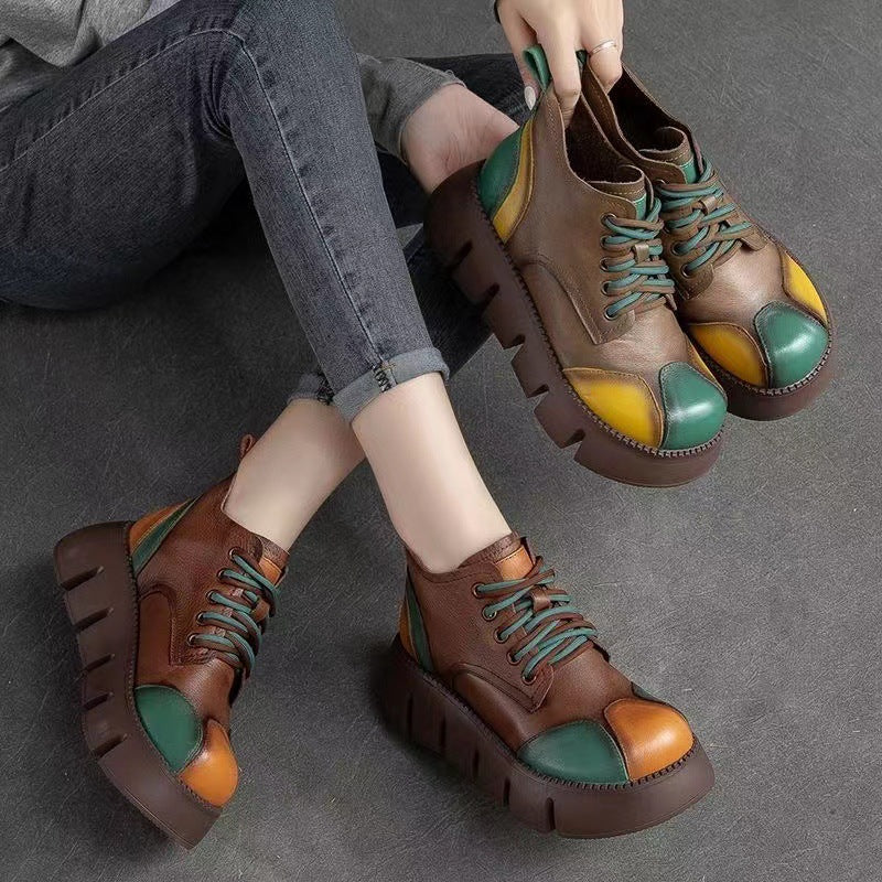 Women's Fashion Colorblock Leather Double Ribbon Platform Martin Boots