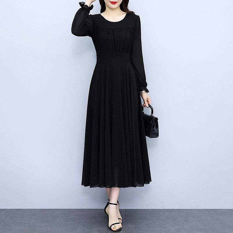 Organ Pleat Solid Color Wide Hem Slim Fit Slimming Long Sleeves Dress