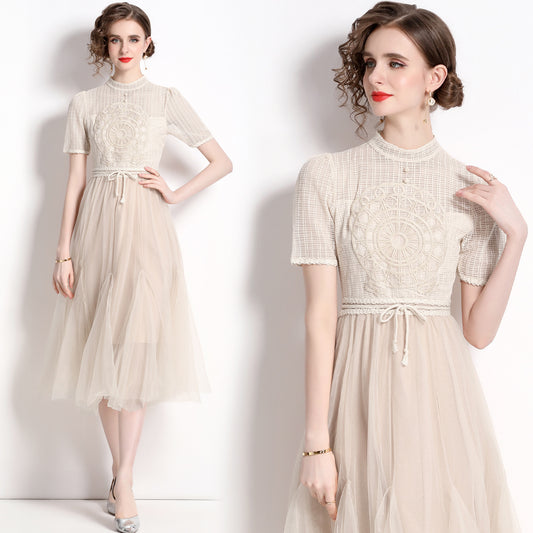 Exquisite French Classic Style Mesh High Waist Dress