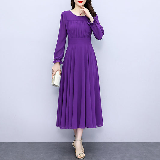 Organ Pleat Solid Color Wide Hem Slim Fit Slimming Long Sleeves Dress