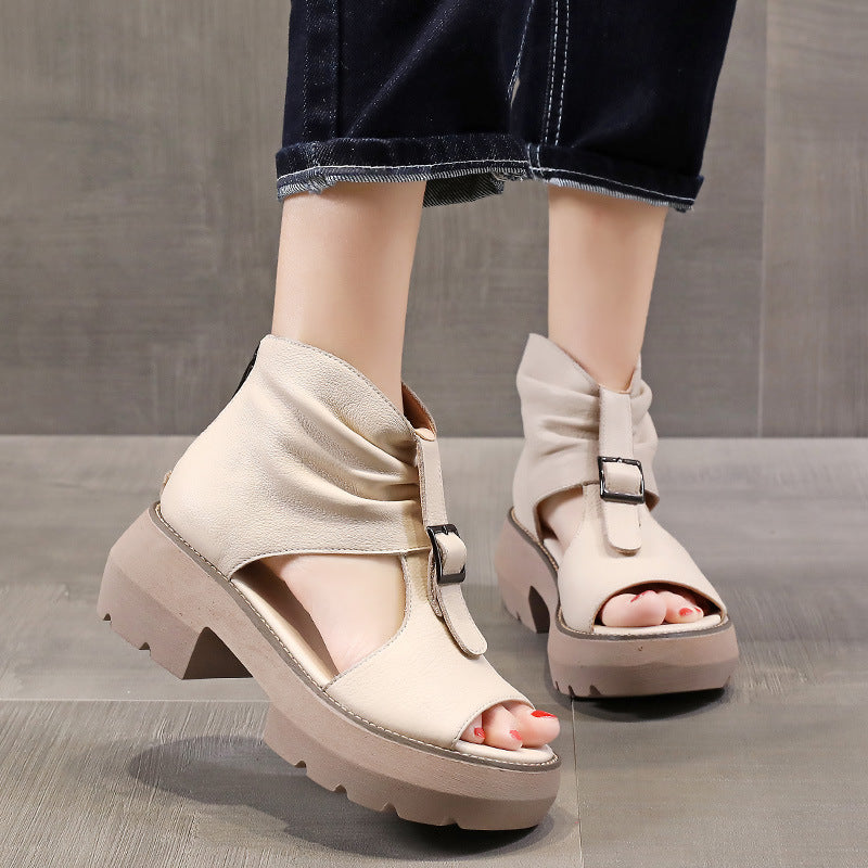 Summer Roman Style Peep Toe Chunky Heel Platform High-top Height Increasing Sandals