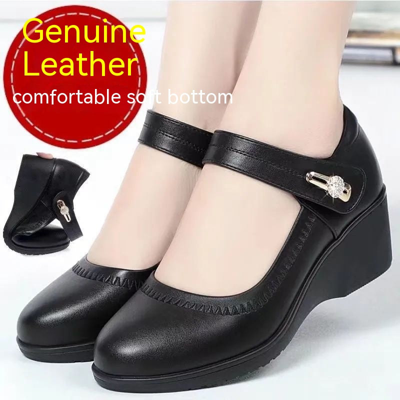 High Quality Soft Bottom Leather Shoes Non-slip Wedge Middle-aged And Elderly Pumps