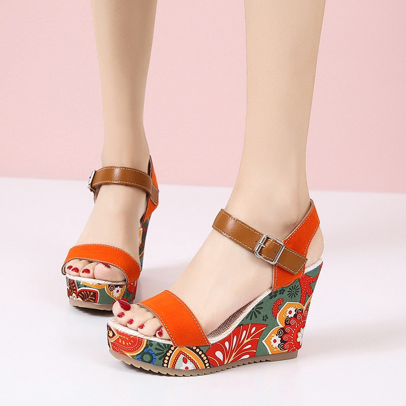 Fashion Flowers Embroidered High Wedge Sandals For Women Summer Toe Platform Buckle Shoes