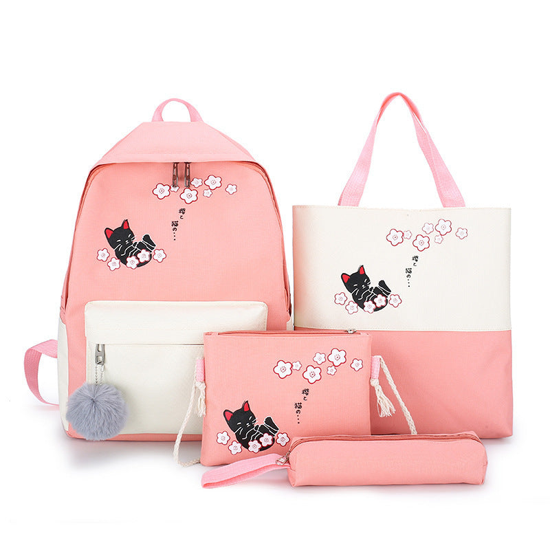 Fashionable Simple Cute Cat Schoolbag Four-piece Set