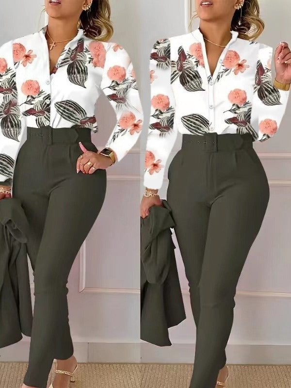 Printed Long-sleeved Top Solid Color Pants Suit With Belt